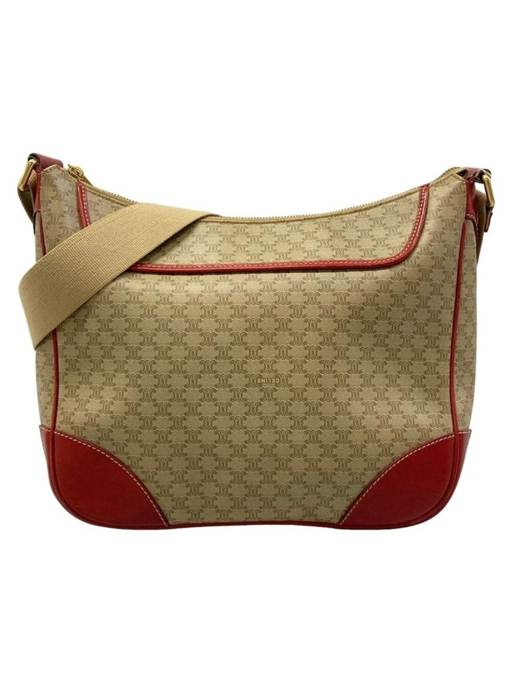 Celine Shoulder Bag Macadam Pattern Beige Red Leather